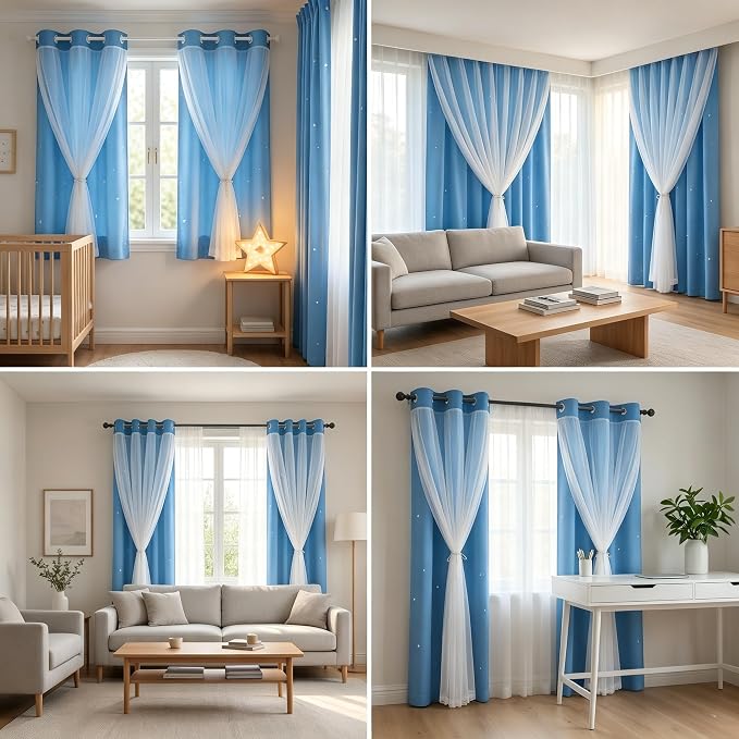 Kids Blackout Curtains for Bedroom/Living Room/Classroom, Sheer Overlay Double Layer Curtains with Star Cutout for Kids Room(Each Piece W 70 x L 72 Inches 2 Pcs Sky Blue)