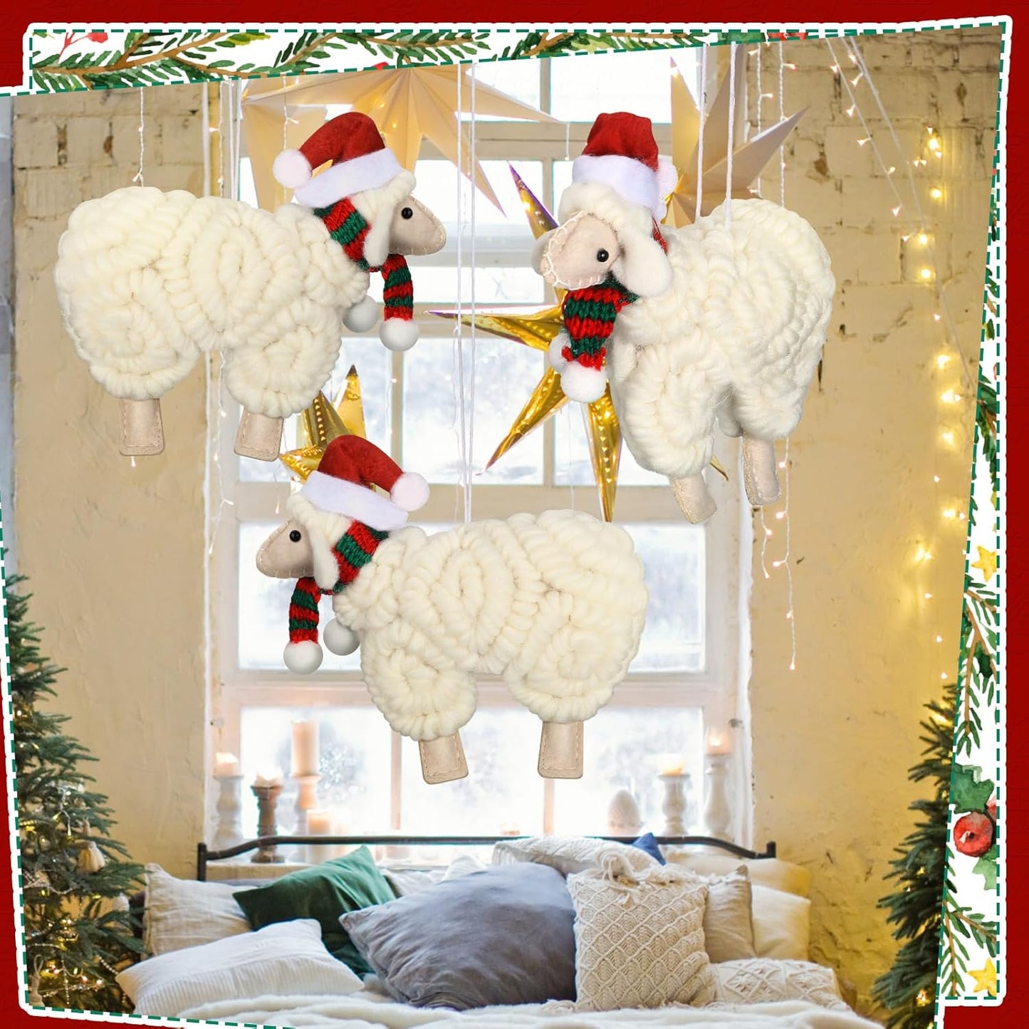 Jenaai 3 Pieces Felt Sheep Christmas Ornaments Sheep Decorative Hanging Ornaments Vintage Farm Wooly Lamb Tree Xmas Pendant Curly Decor for Holiday Figurines Gifts (Christmas)