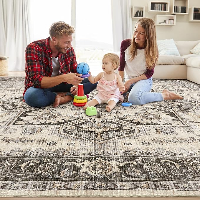 Area Rug for Living Room - 8x10 Soft Machine Washable Oriental Vintage Floral Distressed Large Indoor Floor Carpet for Bedroom Under Dining Table Home Office Decor - Grey Brown
