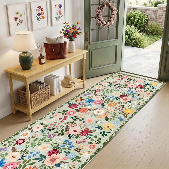Runner Rug for Entryway: 2.6x14 Kitchen Rugs Non Slip Washable Ultra-Thin Soft Floral Carpet Indoor Floor Stain Resistant Carpets for Hallway Bedroom Kitchen Laundry Bathroom Dorm Green