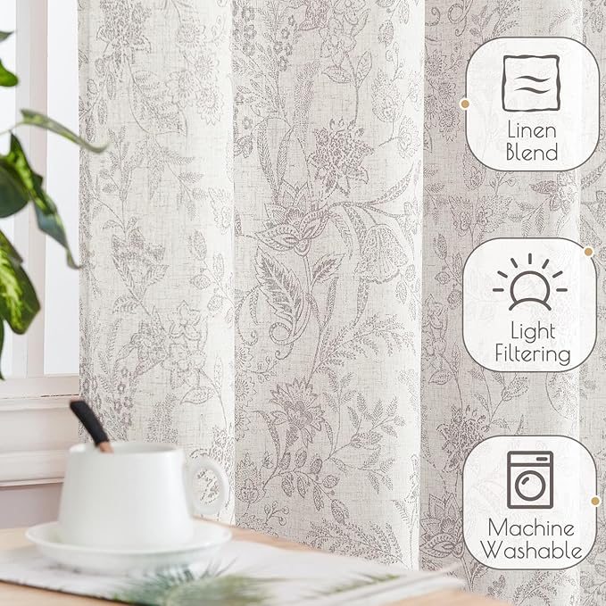 jinchan Floral Linen Blend Curtains for Living Room Verbena Grey French Country Farmhouse Curtains 63 Inches Long Light Filtering Window Back Tab Semi Sheer 2 Panels