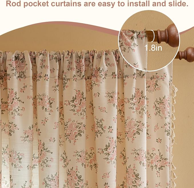 OYX Pink Floral Curtains for Girls Room 2 Panels, Linen Curtains 84 Inch Length with Flower Pattern Light Filtering Window Privacy Curtains for Living Room Boho Farmhouse Vintage, Each 52 Inch Wide