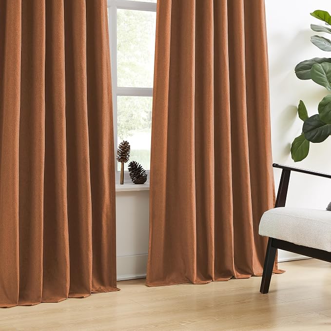 DUALIFE Rust Terracotta Blackout Curtains 90 Inch Long,Boho Cozy Fall Decor Linen Vintage Energy Saving Thermal Pleated Hooks Curtains Drapes for Living Room Brick Rust Textured 70s W40 x L90