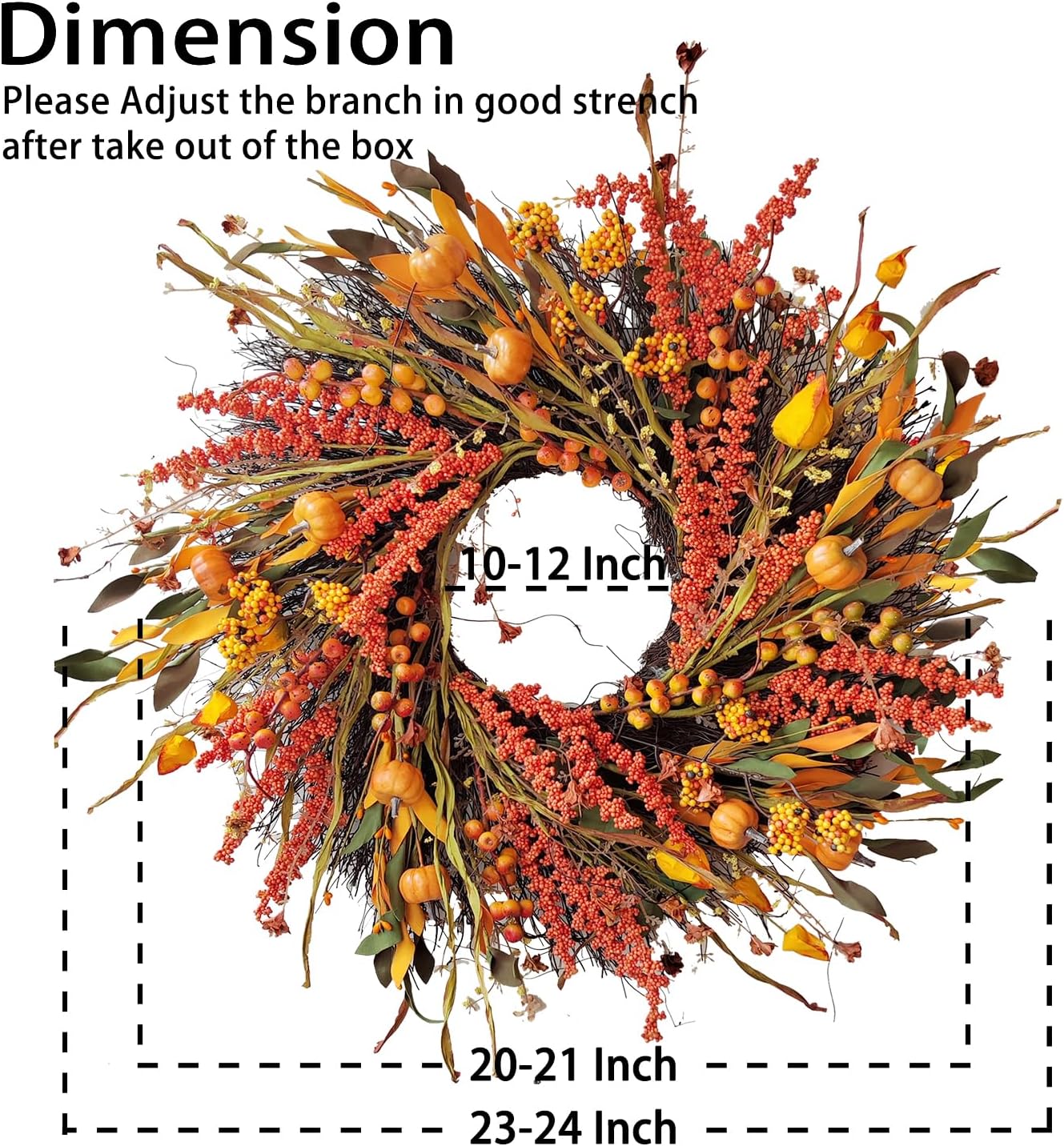 WANNA-CUL 24 inch Fall Wreath Decor for Front Door with Pumpkins, Hawthorn,Grain,Lantern Fruit,Berries,Eucalyptus Leaves, Large Harvest Door Wreath for Autumn or Thanksgiving Decoration
