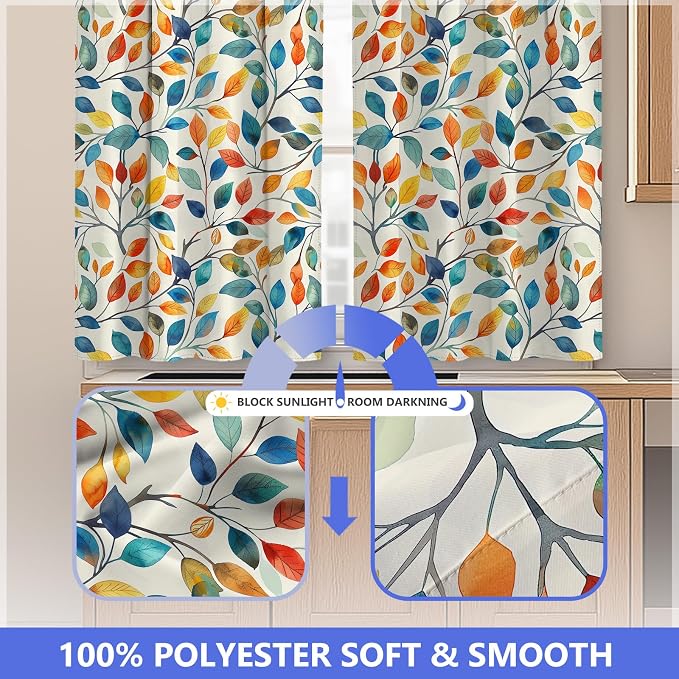Aimego Colorful Leaves Kitchen Curtains - Floral Spring Botanical Tier Cafe Curtains Farmhouse Country Small Window for Bathroom Living RV Rod Pocket Window Drapes 45 Inch 2 Panels Set 28"x45"