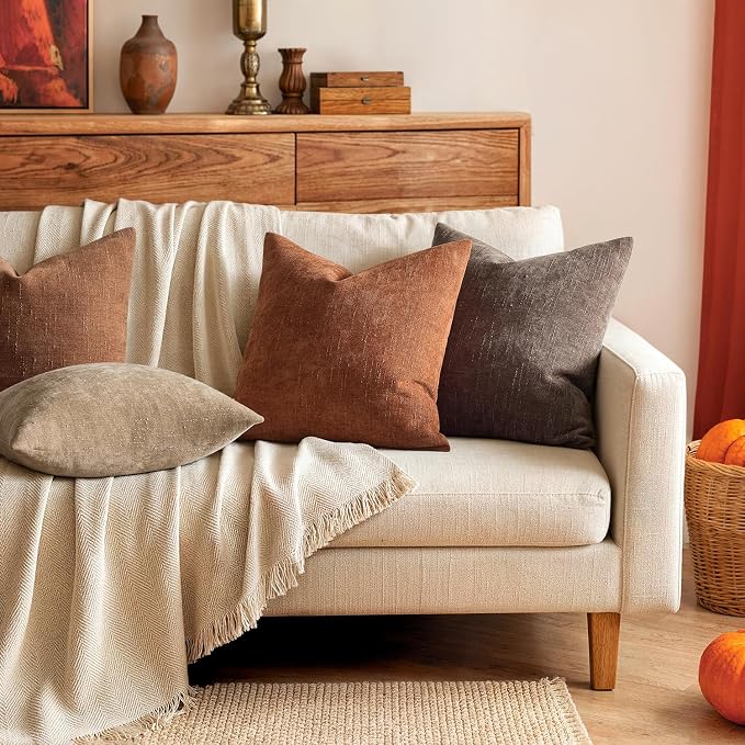 MIULEE Pack of 2 Decorative Throw Pillow Covers Soft Chenille Throw Pillows Solid Textured Euro Cushion Covers for Couch Sofa Bedroom Living Room 24x24 Inch, Dark Rust
