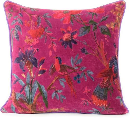 16x16 Burgundy Red Velvet Floral Flower Bird Throw Pillow Sofa Cushion Cover Case Couch Colorful Boho Chic Bohemian Accent Indian Handmade