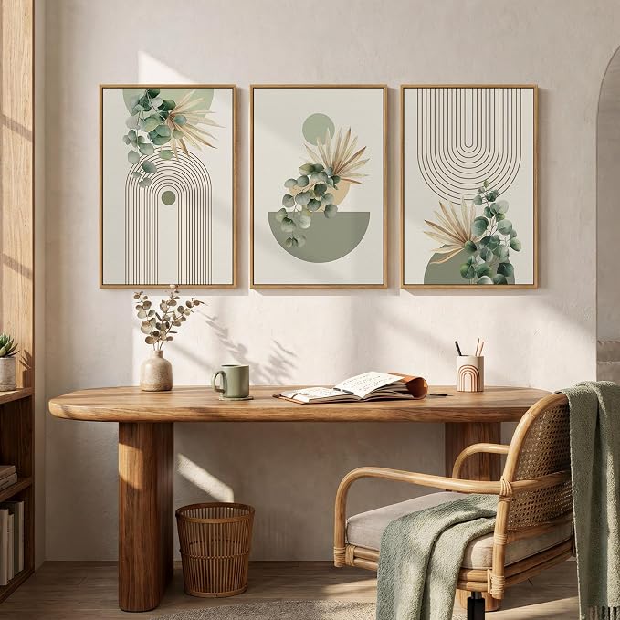 Framed Green Boho Wall Art for Living Room, 3 Piece Bohemian Botanical Canvas Painting Prints, Modern Geometric Eucalyptus Leaf Large Pictures for Bedroom Dining Room Office Wall Decor, 16x24 Inch