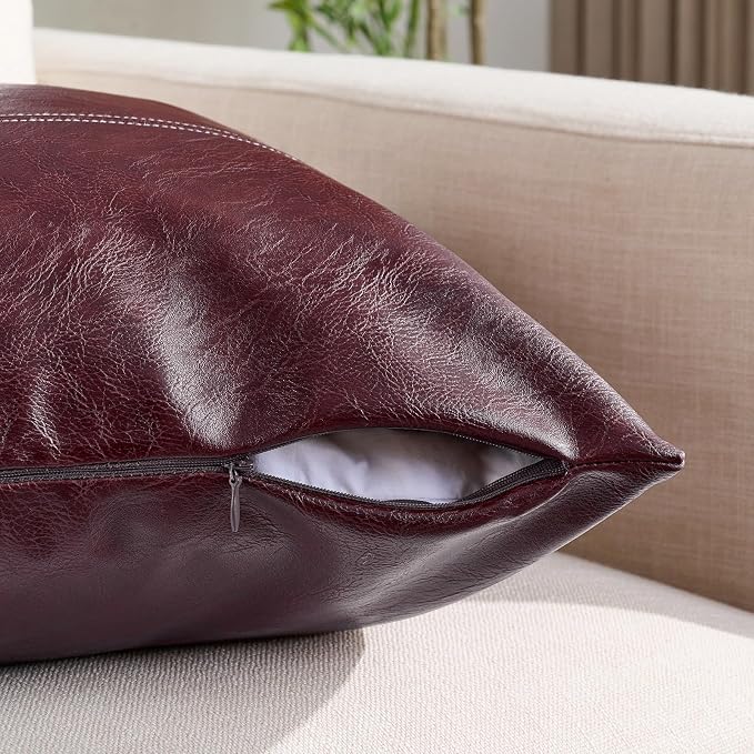 Fancy Homi Burgundy Lumbar Waterproof Faux Leather Decorative Throw Pillow Covers 12x20 Inch for Living Room Couch Bed, Modern Farmhouse Boho Home Decor, Wine Red Hand Stitched Cushion Case 30x50 cm