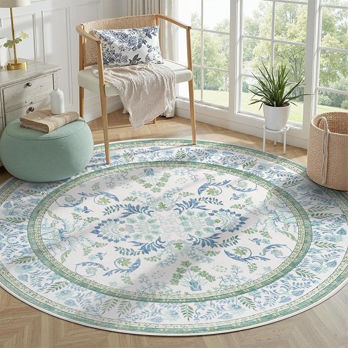 DCX Area Rug 5x5 Botanical Floral Washable Rugs in Green and Blue Soft Non Slip Low Pile Stain Resistant Round Carpet for High-Traffic Areas Bedroom Kitchen