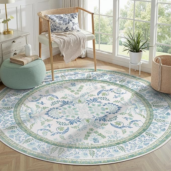 DCX Area Rug 6x6 Botanical Floral Washable Rugs in Green and Blue Soft Non Slip Low Pile Stain Resistant Round Carpet for High-Traffic Areas Bedroom Kitchen Dining Room
