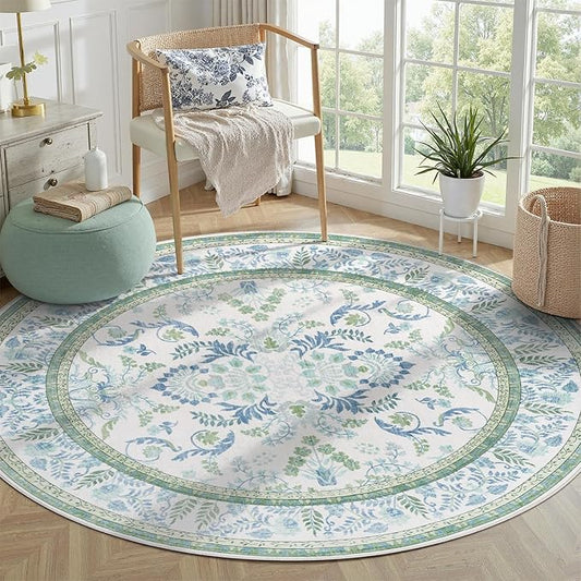 DCX Area Rug 6x6 Botanical Floral Washable Rugs in Green and Blue Soft Non Slip Low Pile Stain Resistant Round Carpet for High-Traffic Areas Bedroom Kitchen Dining Room