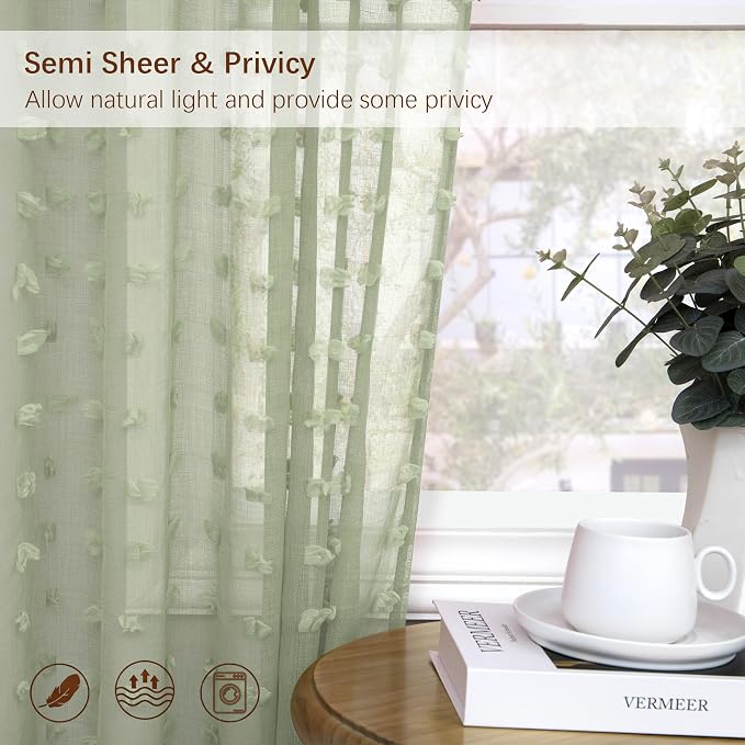 DANCURTON Boho Pom Pom Sheer Curtains 2 Panels 63 Inch Length Back Tab Sage Green Sheer Window Curtain Shabby Chic Green Spring Farmhouse Style Elegant Drapes for Nursery Kids Room Bedroom Living Room