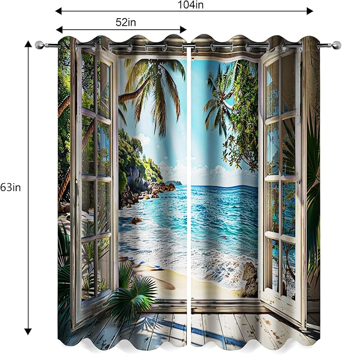 Ocean Beach Seaside Blackout Curtains Coast Palm Tree Sunshine Mountain Curtain Blue Sky White Clouds Summer Decor Women Men Girls Boys Bedroom Room Darkening Grommet Window Drapes 2 Panels, 52"x63"