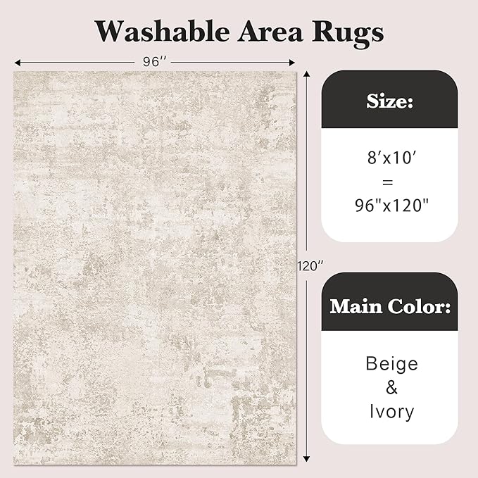 Art&Tuft Washable Rugs 8x10, Anti-Slip Backing Abstract 8x10 Area Rugs for Living Room, Foldable Stain Resistant Machine Washable Area Rug (8'x10', Beige)