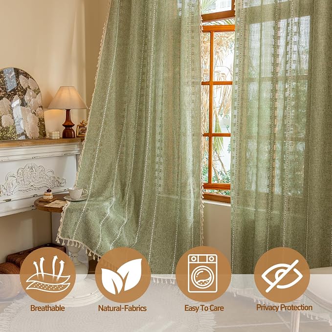 Sage Green Boho Semi Sheer Curtains 63 inch Length 2 Panel Set for Bedroom & Farmhouse, Bohemian Light Filtering Privacy Drapes Tassels Shabby Chic Christmas Window Curtains Back Tab & Rod pocket