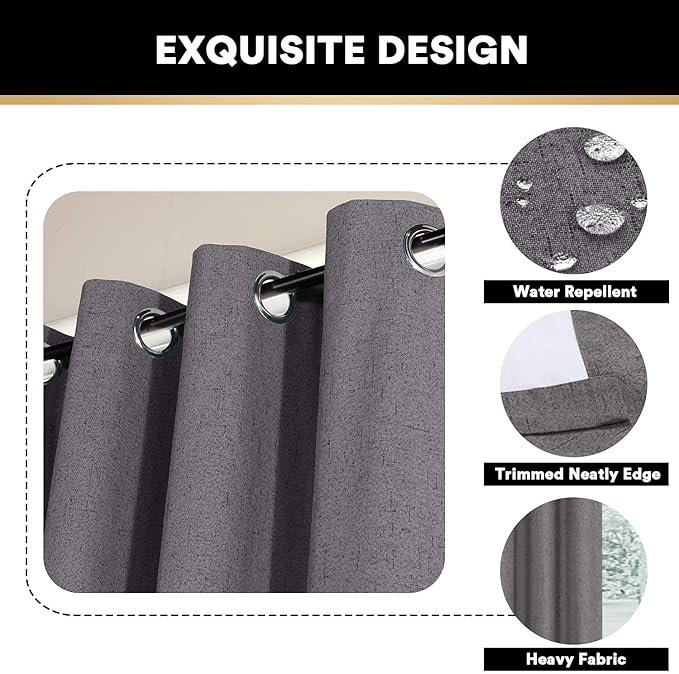 PrinceDeco 100% Blackout Curtains for Bedroom 63 Inches Long 2 Panels Set Anti-Rust Grommet Room Darkening Curtains & Drapes Linen Textured Window Treatment Drapes with White Liner, Grey