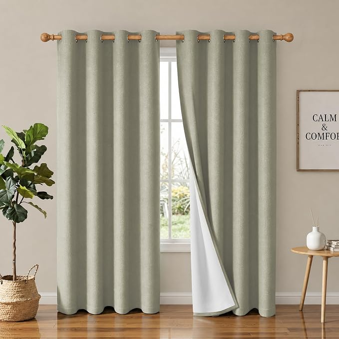 2 Panels 100% Blackout Linen-Textured Curtains, Thick Thermal Insulated Grommet Drapes with Subtle Herringbone Weave, Luxury Decor for Bedroom/Living Room, 54 x 84 Inches, Linen Beige