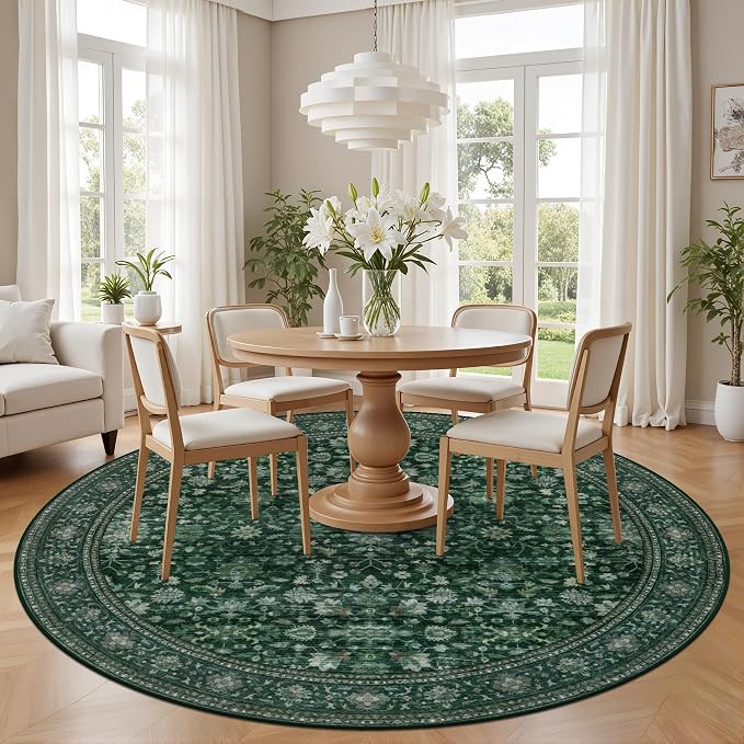 Round Area Rug for Living Room: 6ft Washable Vintage Boho Soft Thin Circle Rug Indoor Floor No Slip Stain Resistant Carpet for Bedroom Dining Room Farmhouse Nursery Home Office - Deep Green