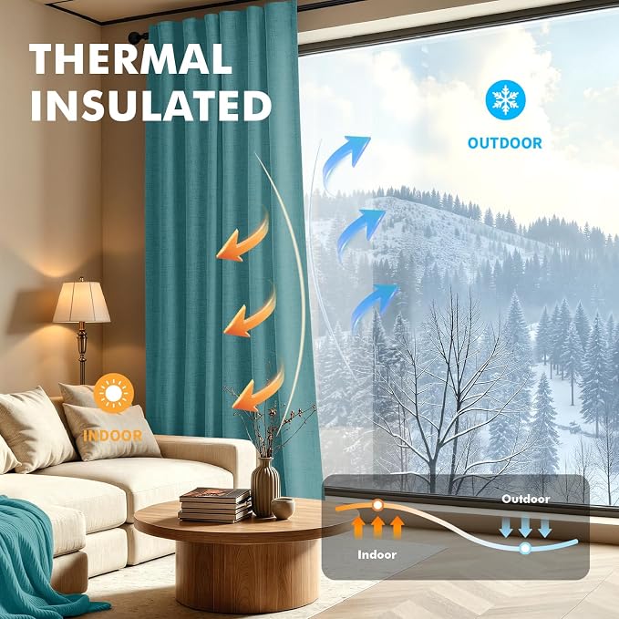 MIULEE 100% Blackout Linen Curtains for Bedroom, Teal Solid Luxury Decor Thermal Insulation Room Darkening Drapes for Living Room Back Tab Rod Pocket 42 x 72 Inches, 2 Panels