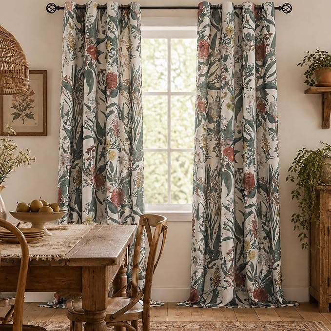 ALIGOGO Patterned Curtains 90 Inches Long - Cottagecore Floral Boho Curtains for Living Room, Country Grommet Art Decor Protea Cabin Pretty Flowered Drapes for Sliding Door 2 Panels, 50" W x 90" L