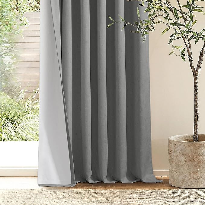 Grey Pinch Pleated Black Out Curtains 63 Inch Long for Living Room Bedroom Insulated Thermal Room Darkening Kitchen Drapes for 63 Inch Window Boho Linen Basement Office Dining Room Pinch Pleat