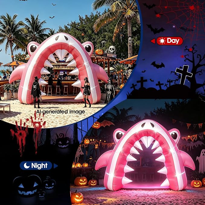 13FT Halloween Pink Shark Inflatable Arch for Yard Lawn Decor | Giant Shark Blow Up with Built-in 6 LED Lights and 1 Blower for Indoor/Outdoor Halloween Shark Birthday Party Decoration