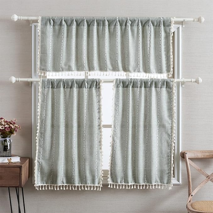 RoomTalks Green Boho Farmhouse Kitchen Curtains 45 Inch Length French Striped Modern Vintage Chic Textured Tassel Charcoal Short Cafe Curtains for Small Window Kitchen Bathroom Decor