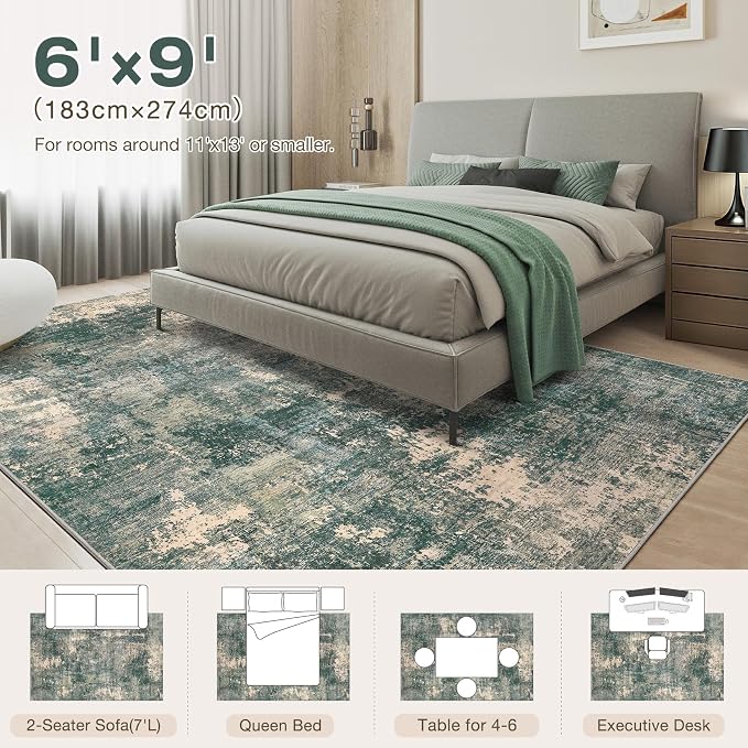 Abstract 6x9 Area Rug: Machine Washable Non Slip Ultra Thin Low-Pile Carpet, Soft Stain Resistant for Living Room Bedroom Nursery, Kid Pet Friendly, Robot Vacuum Compatible - Dark Green/Beige