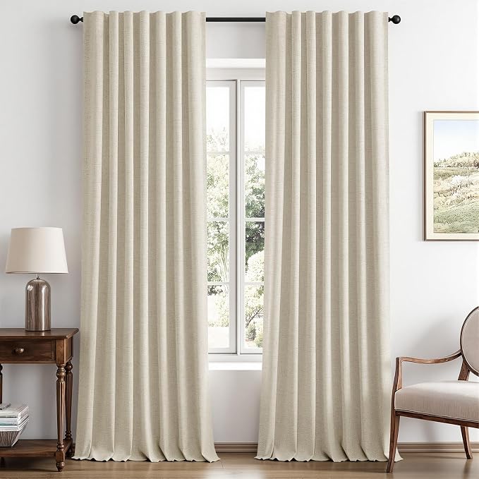 MIULEE 100% Blackout Linen Curtains for Bedroom, Light Ivory Solid Luxury Decor Thermal Insulation Room Darkening Drapes for Living Room Back Tab Rod Pocket 42 x 96 Inches, 2 Panels