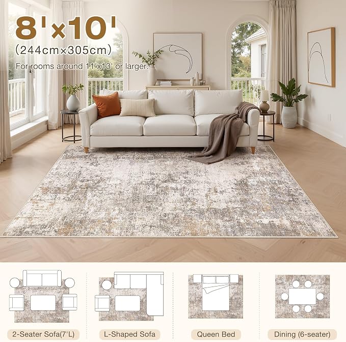 Area Rugs 8x10 Living Room: Washable Large Abstract Modern Neutral Soft Rug Stain Resistant Non-Slip Backing Carpet for Bedroom Dining Room Indoor Nursery Dorm Home Office Decor - Brown Grey