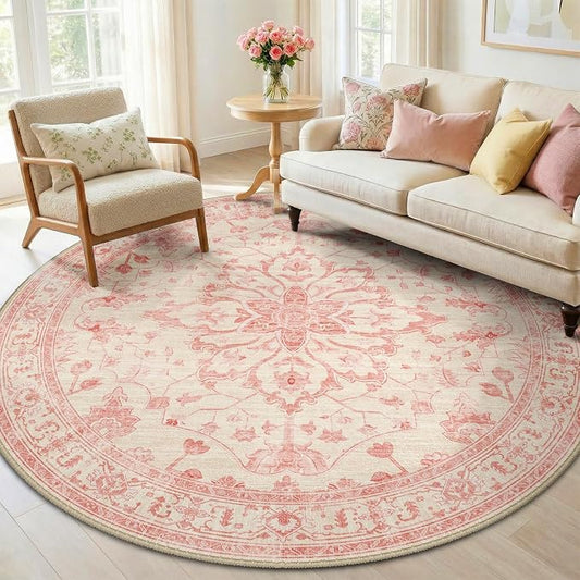 RELEANY Area Rugs Round 6ft Washable Non-Slip, Floral Vintage Distress Medallion Carpet for Living Room Bedroom Dining Room, Pink Light Vintage Pink