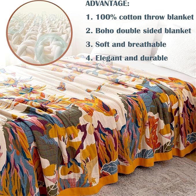 MSGKV Boho Throw Blanket for Couch and Sofa 50"x60" Cotton Throw Cover for Living Room with Floral and Butterfly, Spring Breathable&Lightweight Blanket