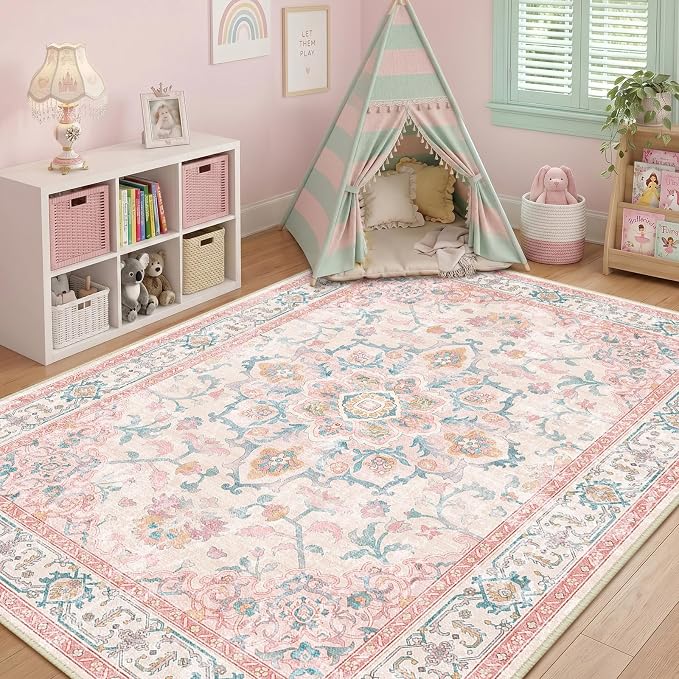 CAPALOCA Machine Washable Rugs Nursery Rug 5x8 Cute Girl Non Slip Low Pile Water Repellent Soft Print Pattern for Bedroom Indoor Decor Kids Playroom Pink Teal