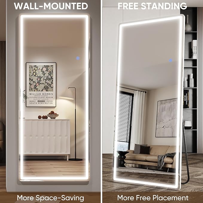 Antok LED Full Length Mirror with Light, 76"x34" Lighted Full Body Mirror with Stand, Dimmable & 3 Color Lighting Standing/Leaning/Wall Mounted Vanity Mirror for Bedroom Cloakroom Livingroom(Rect)