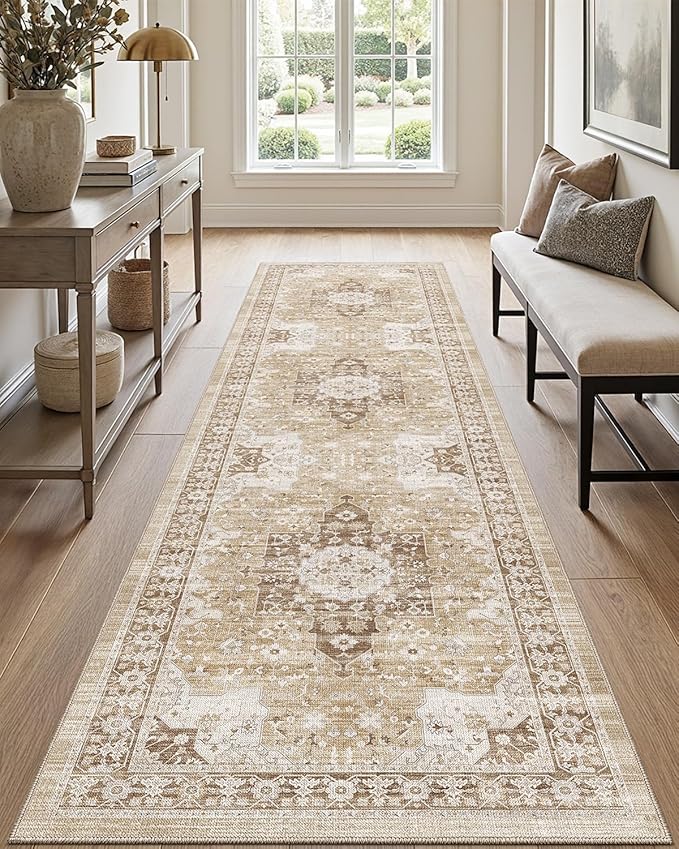 DEXI Hallway Washable Runner Rug 3x12, Vintage Soft Thin Kitchen Runner with Non Slip Backing, Farmhouse Entryway Floor Rug, Stain Resistant Distressed Carpet for Bedroom Living Room, Beige