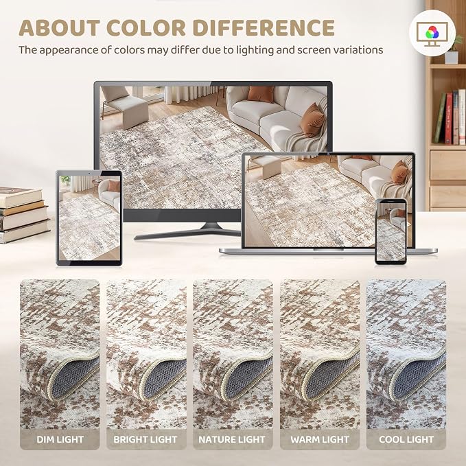 UERMEI 5x8 Area Rug Living Room Rugs - Washable Neutral Modern Abstract Soft Thin Rug Indoor Floor No Slip Rug Carpet for Bedroom Under Dining Table Home Office Decor - Brown/Grey/Red