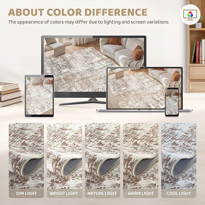 UERMEI 2x3 Area Rug Living Room Rugs - Washable Neutral Modern Abstract Soft Thin Rug Indoor Floor No Slip Rug Carpet for Bedroom Under Dining Table Home Office Decor - Brown/Grey/Red