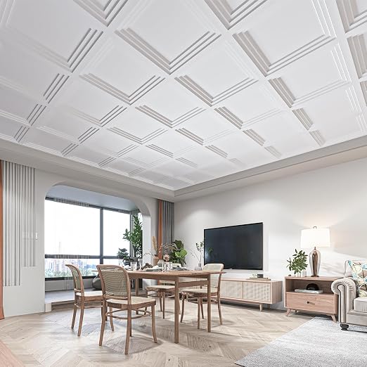 Art3d 24-Pack 24x24 Inch PVC Waterproof Drop Ceiling Tiles for Home Décor - 2x2 ft 3D Modern Ceiling Panel for Suspended Grid, White