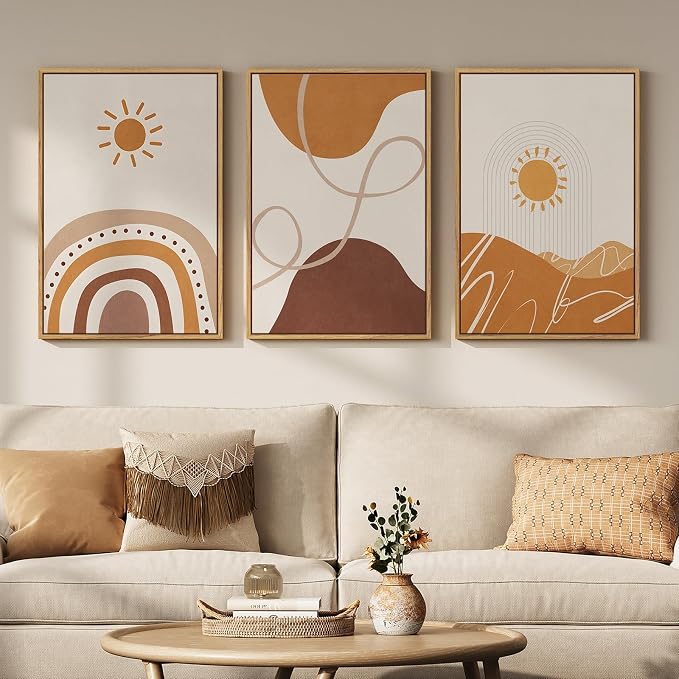 Framed Boho Neutral Terracotta Abstract Wall Art Bedroom, 3 Piece Beige Orange Sun Arch Canvas Artwork for Walls, Mid Century Modern Rainbow Prints Wall Decor for Living Room Nursery Room, 16x24 Inch