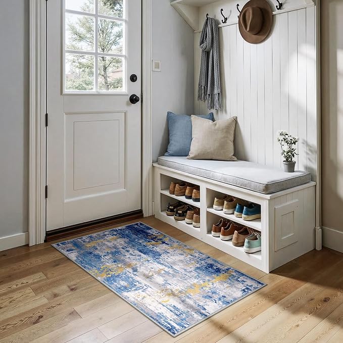 RELEANY Washable Area Rugs 2'x4' Non-Slip Modern Abstract Soft for Living Room Entryway Bedroom Kitchen, Print Pattern, Grey Blue Gold/Golden