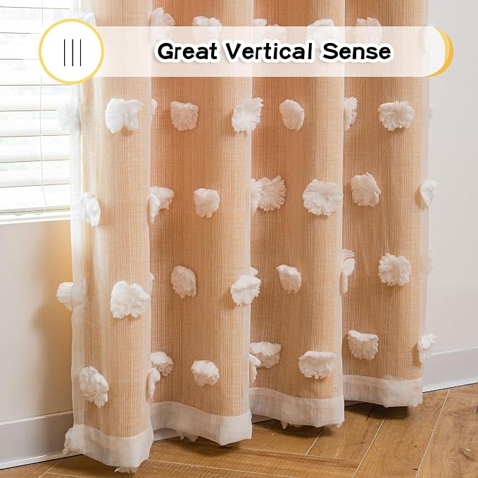 MYSKY HOME Extra Long Double Layer Curtains for Bedroom Princess Curtains for Daughter Room 95 Inches Long Pom Pom Sheer Curtains with Grommet Yellow Blackout Curtains for Living Room 52 x 95 Inch