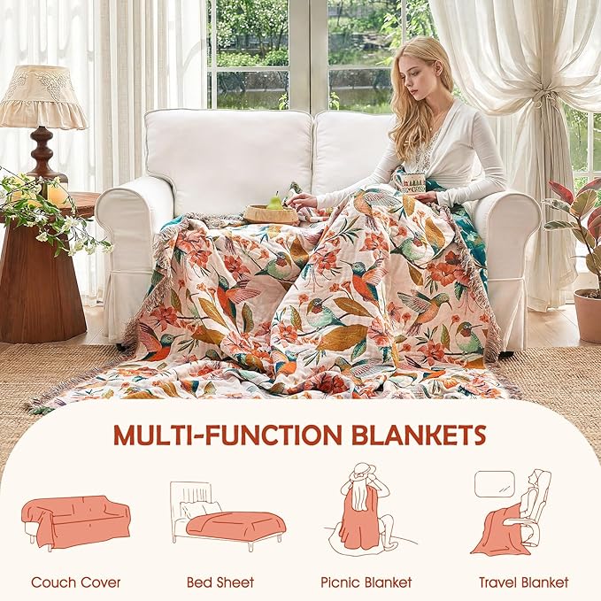 Boho Throw Blanket - 90"x108" 100% Cotton Ultra Soft Lightweight Spring Blanket, 4-Layer Breathable Muslin Blankets for Bed Couch, Reversible Blue Floral Bird Printed Bohemian Cotton Quilt