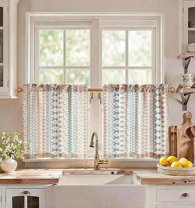 Miss Adola Boho Kitchen Tier Curtains - 24 Inch Length Linen Blend Cafe Curtains Farmhouse Small Window Treatments Over Sink Rod Pocket for Bathroom Living Room Light Filtering, 2 Panels
