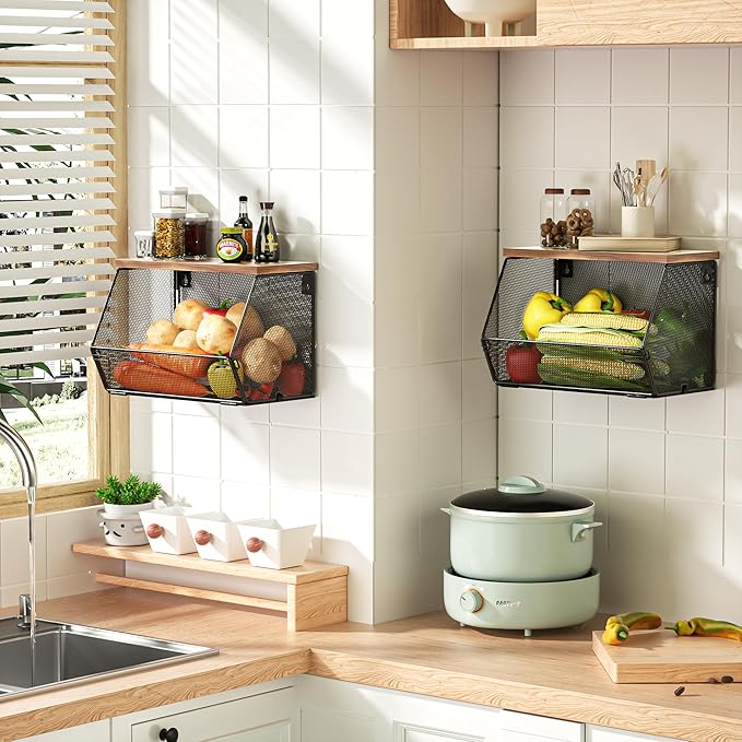 Stackable Fruit Basket for Kitchen Countertop Space Saving, Wall Mounted Mesh Metal Wire Basket with Wood Lid Extra Storage, 2 Pack Kitchen Counter Organizer for Snack, Onion and Potato Storage, White