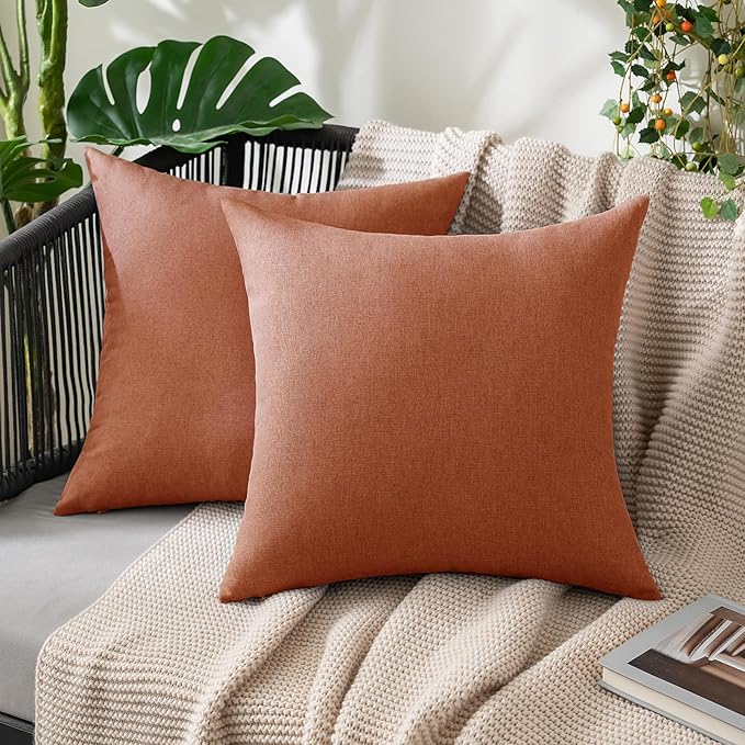 MIULEE Pack of 2 Decorative Outdoor Solid Waterproof Throw Pillow Covers Faux Linen Garden Farmhouse Cushion Cases for Summer Patio Tent Balcony Couch Sofa 16x16 Inch Rust