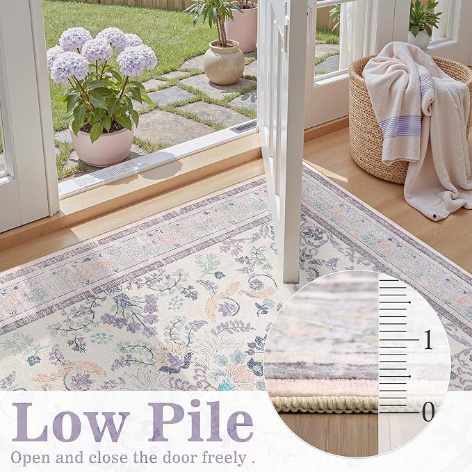 DCX Purple Floral 2x6 Runner Rug, Washable Rug with Flowers Non Slip Backing Hallway Runner Rug Carpet for Entry Office Nursery Soft Low Pile Stain Resistant