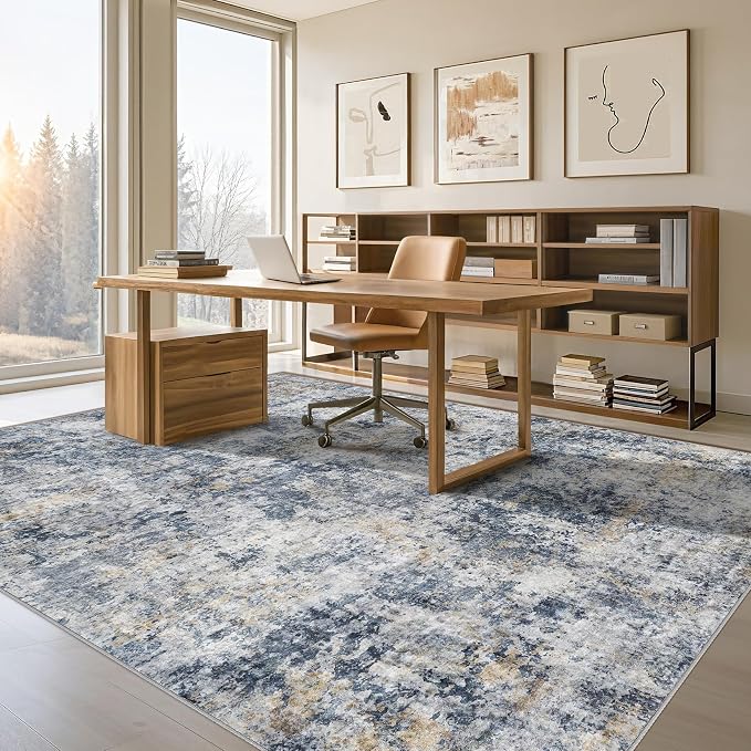 Tortania Washable 9x12 Area Rug for Living Room: Modern Abstract Neutral Large Soft Thin Rugs - Non Slip Indoor Carpet for Bedroom Dining Room Office Nursery Home Floor Decoration - Blue Grey