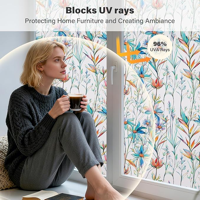 Donox Window Privacy Film, Frosted Stained Glass Window Films, Static Cling Non-Adhesive Decorative Windows Sticker for Front Door Bathroom, Heat Control Anti UV(Blue Lotus,35.4 x 78.7 inches)