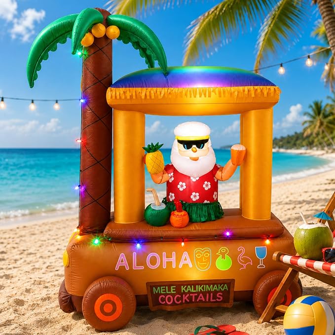 Leyndo Christmas in July Inflatable, 7 ft Christmas Inflatables Hawaiian Beach Santa at Bar Decorations, Built-in Led, Outdoor Xmas Blow up for Tropical Hawaiian Luau Holiday Beach Party Supplies